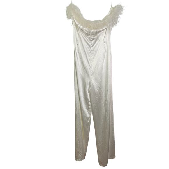 Lovers & Friends Moira Feather Trim Jumpsuit Strapless Wide Leg Satin White Sz M - Picture 6 of 12